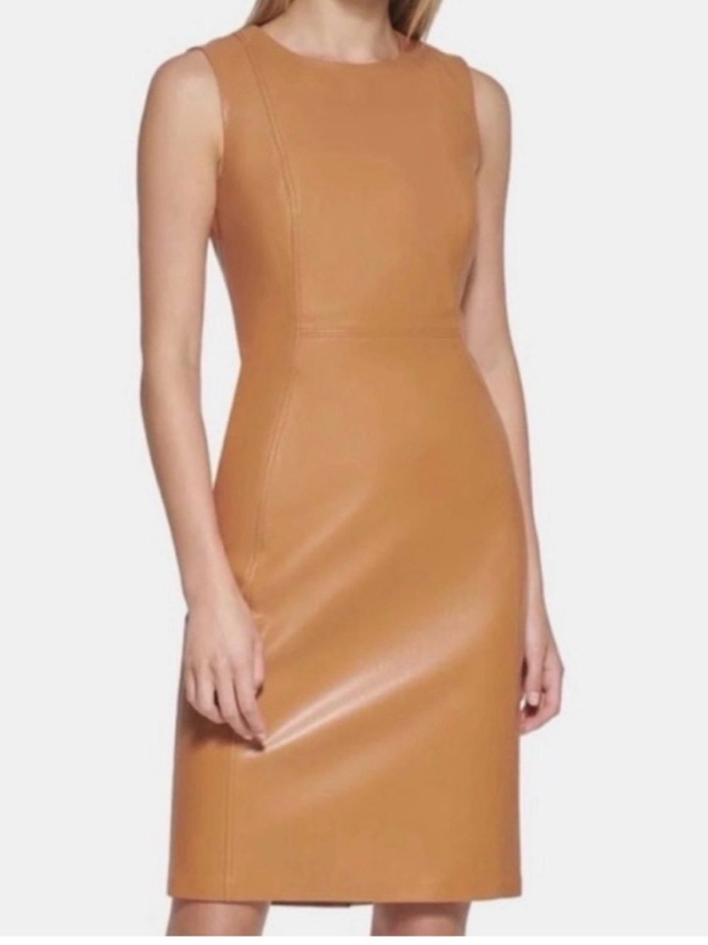 Calvin Klein Sleeveless Faux-Leather Midi Dress in Camel